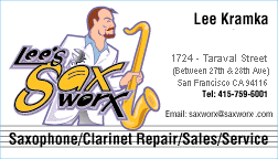 Lee Kramka's Sax Worx Business Card - Grafix by Marc Miyashiro http://www.Grafix9000.com