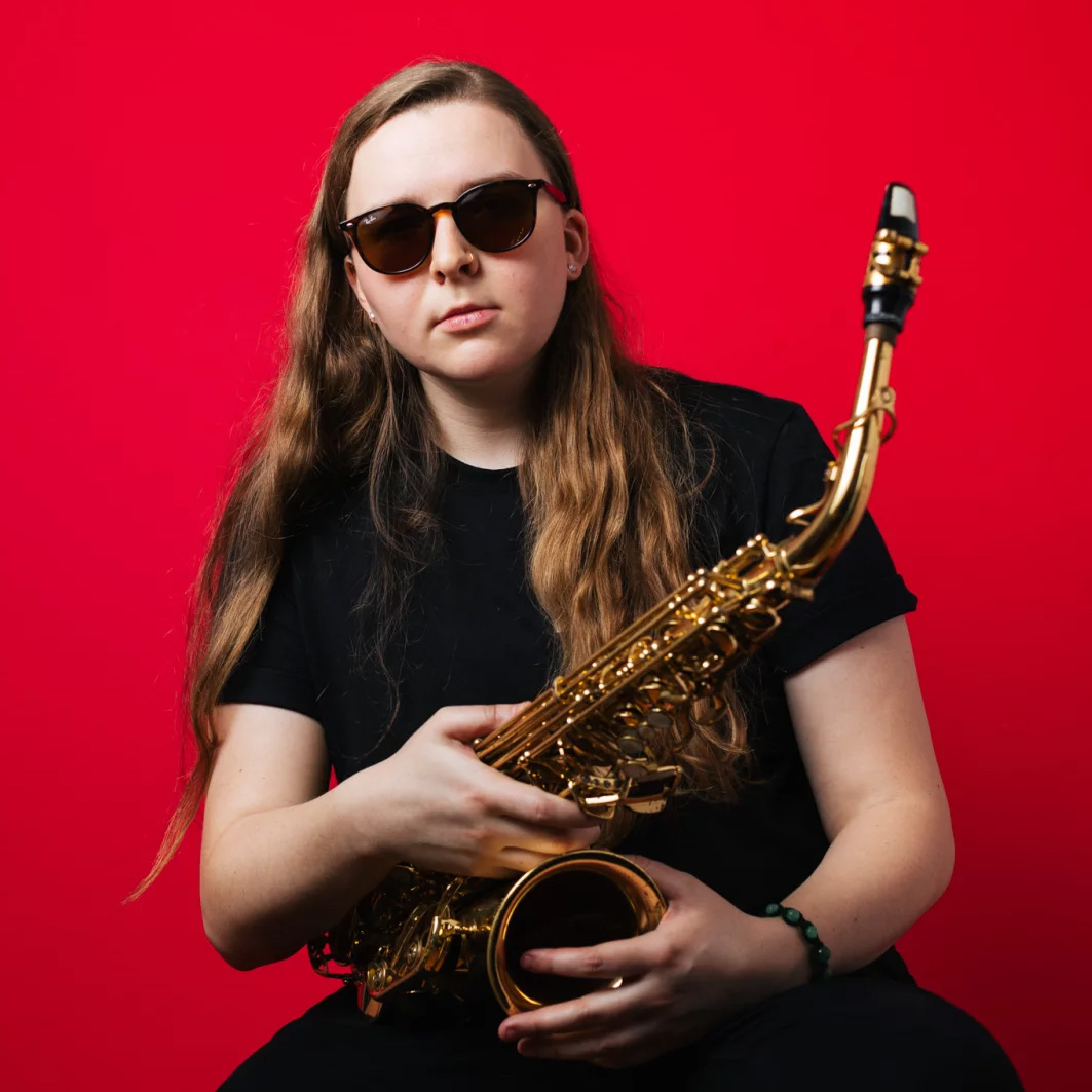 Photo of saxophonist Sarah Hanahan