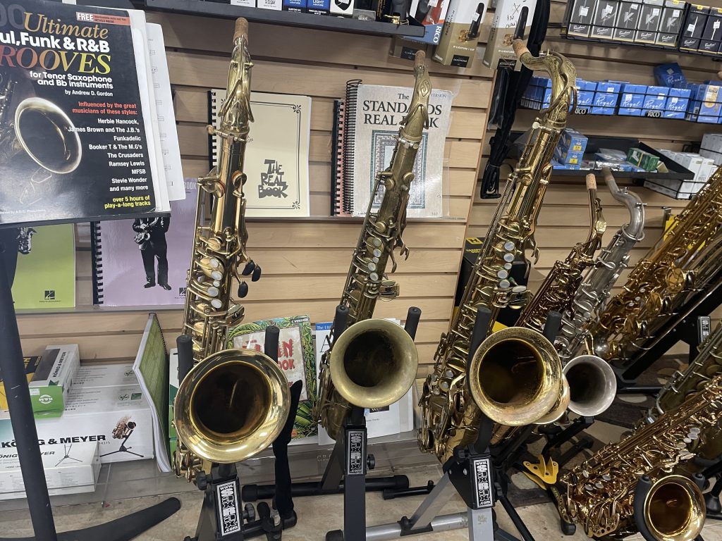 4 saxes Photo of sax display at Lee's Sax Worx