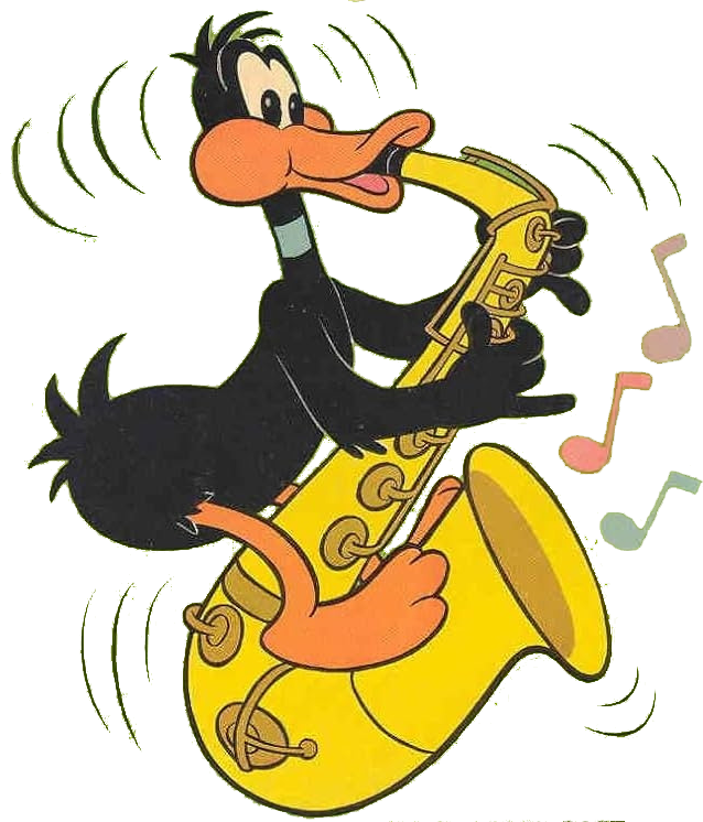 Cartoon image of a duck playing the sax