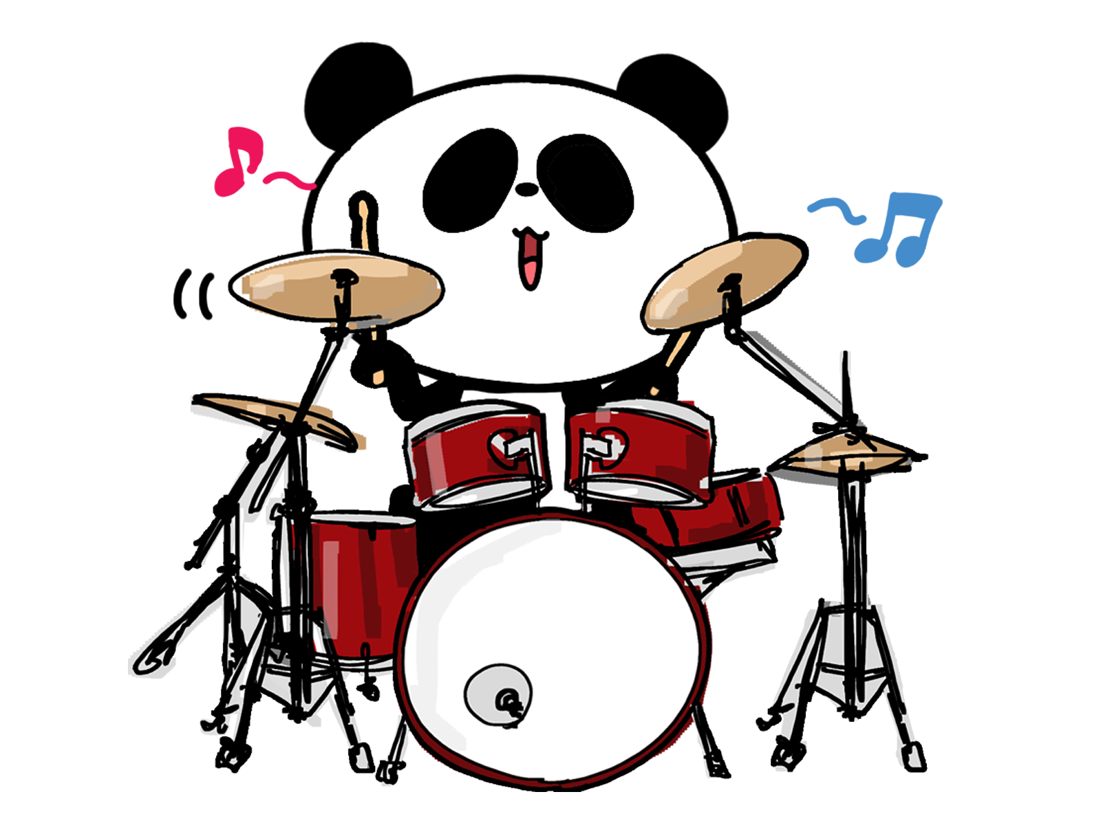 Cartoon image of a panda playing drums