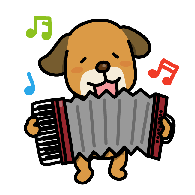 Cartoon image of a dog playing an accordion